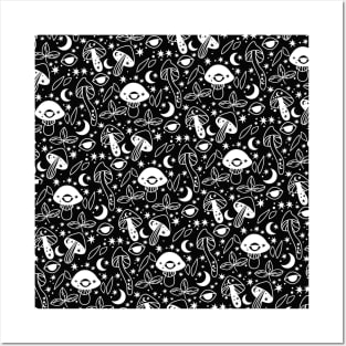 Cottagecore Mushroom Moon Black Pattern Posters and Art